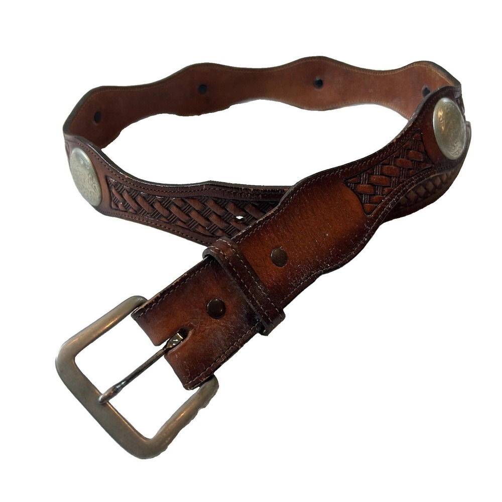 Vintage Brown Leather Western Belt Sz 34 Silver Toned Concho 1.5"  Faux Braided